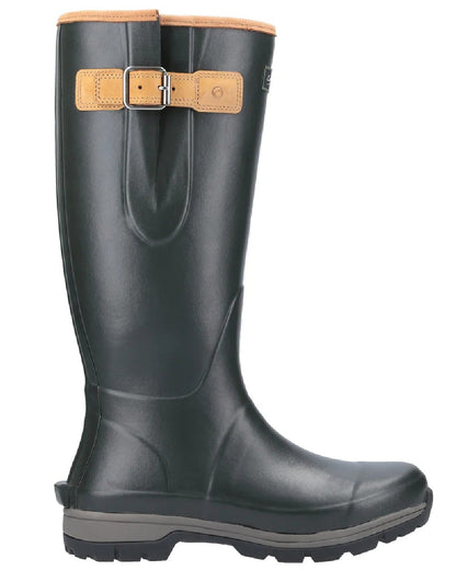 Green coloured Cotswold Stratus Wellingtons on white background 