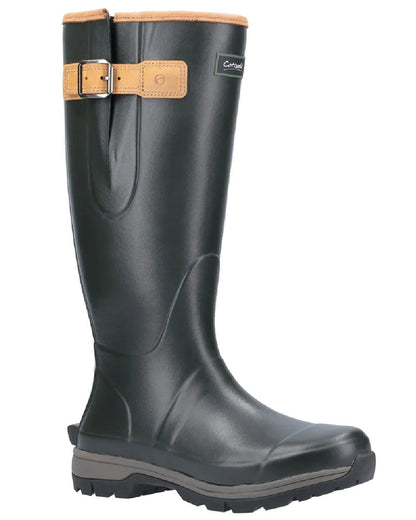 Green coloured Cotswold Stratus Wellingtons on white background 