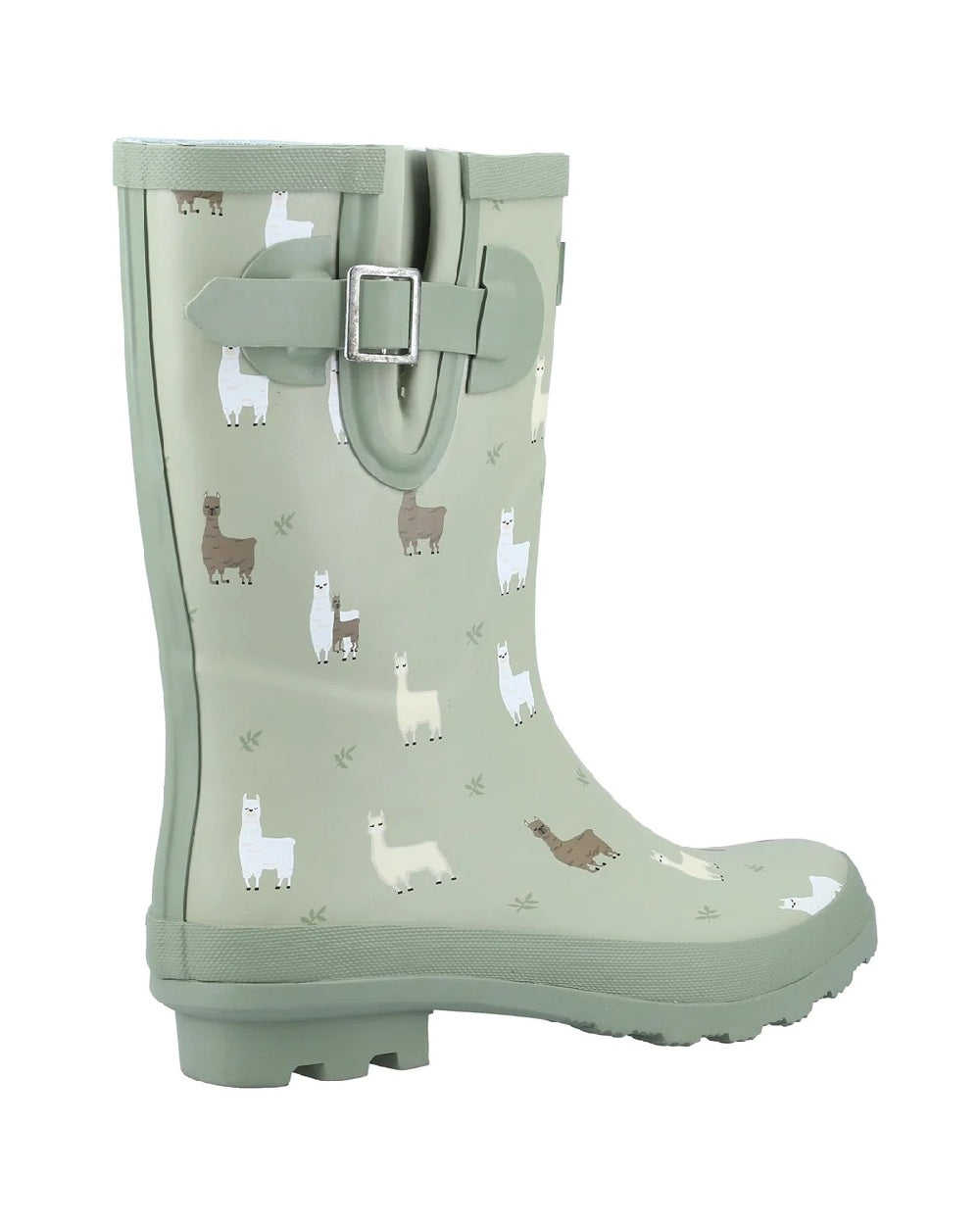 Alpaca print green coloured Cotswold Womens Farmyard Mid Wellington boots on white background 