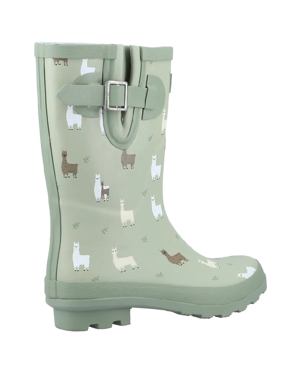 Alpaca print green coloured Cotswold Womens Farmyard Mid Wellington boots on white background