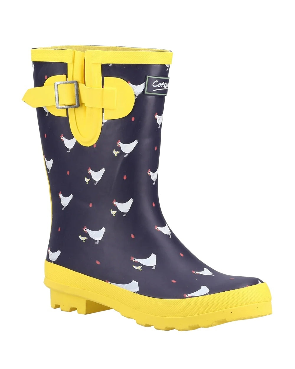 Chick print navy coloured Cotswold Womens Farmyard Mid Wellingtons boots on white background 
