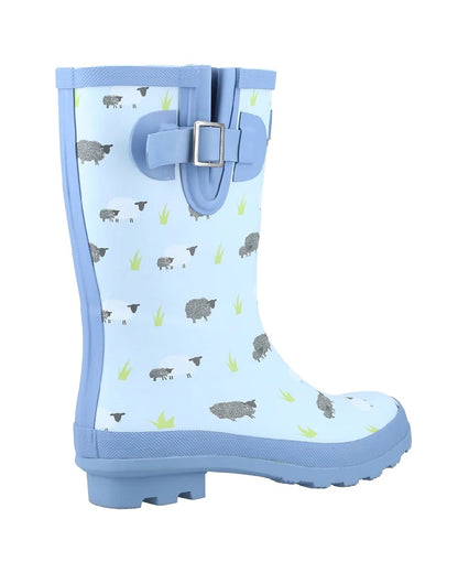 Sheep print blue coloured Cotswold Womens Farmyard Mid Wellington boots on white background 