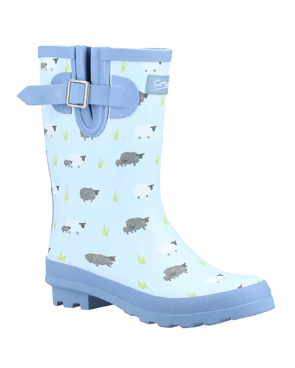 Sheep print blue coloured Cotswold Womens Farmyard Mid Wellington boots on white background 