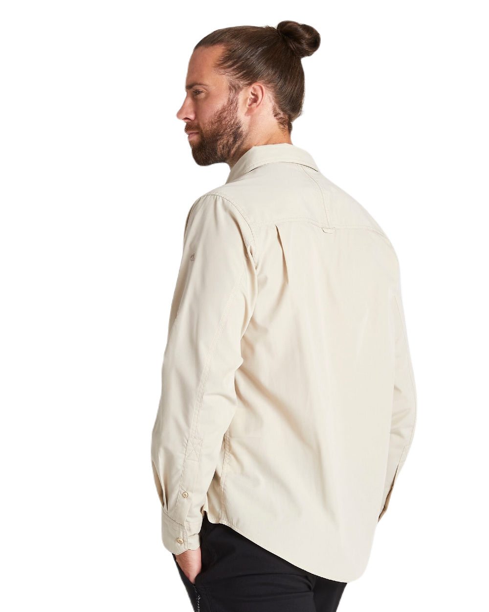 Oatmeal Coloured Craghopper Mens Kiwi Long Sleeved Shirt On A White Background 