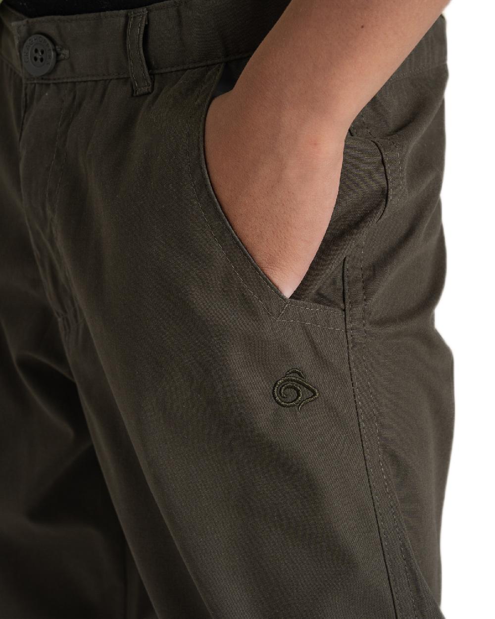 Woodland Green Coloured Craghoppers Childrens Kiwi II Trousers on White Background