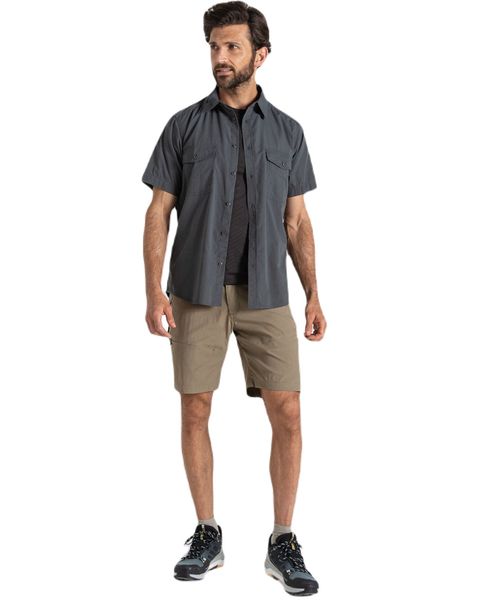 Dark Grey Coloured Craghoppers Mens Kiwi Short Sleeved Shirt On A White Background