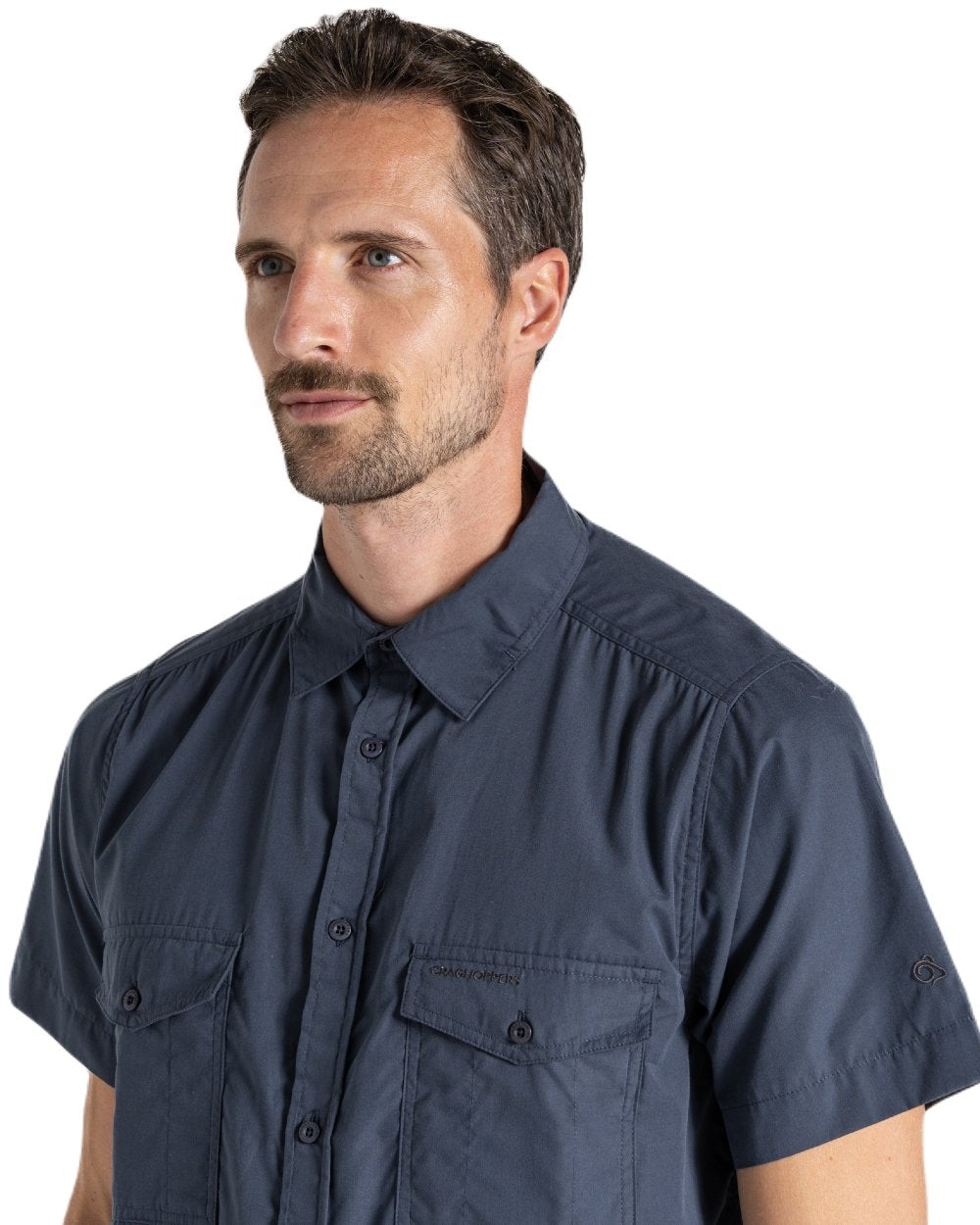Ombre Blue Coloured Craghoppers Mens Kiwi Short Sleeved Shirt On A White Background