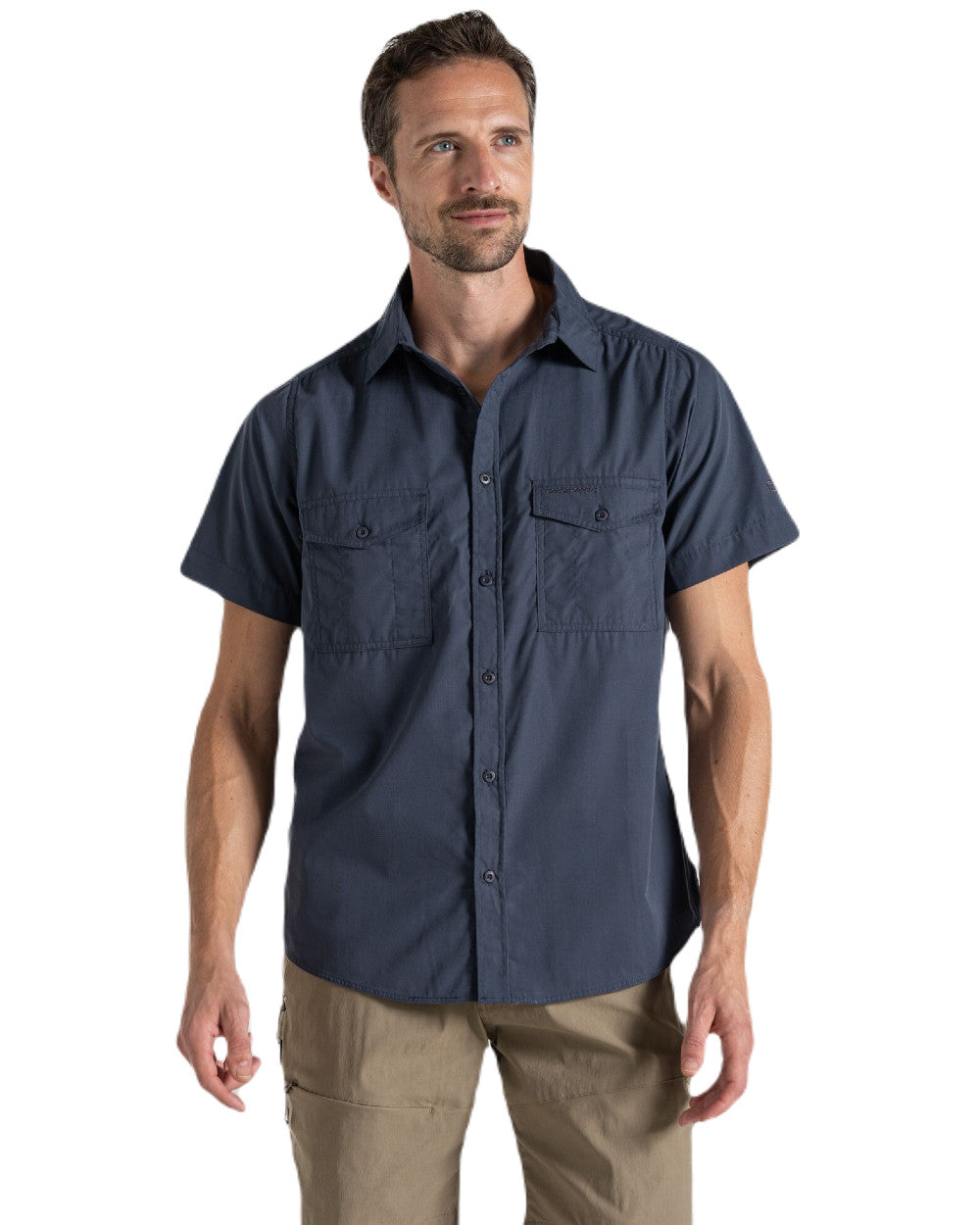 Ombre Blue Coloured Craghoppers Mens Kiwi Short Sleeved Shirt On A White Background