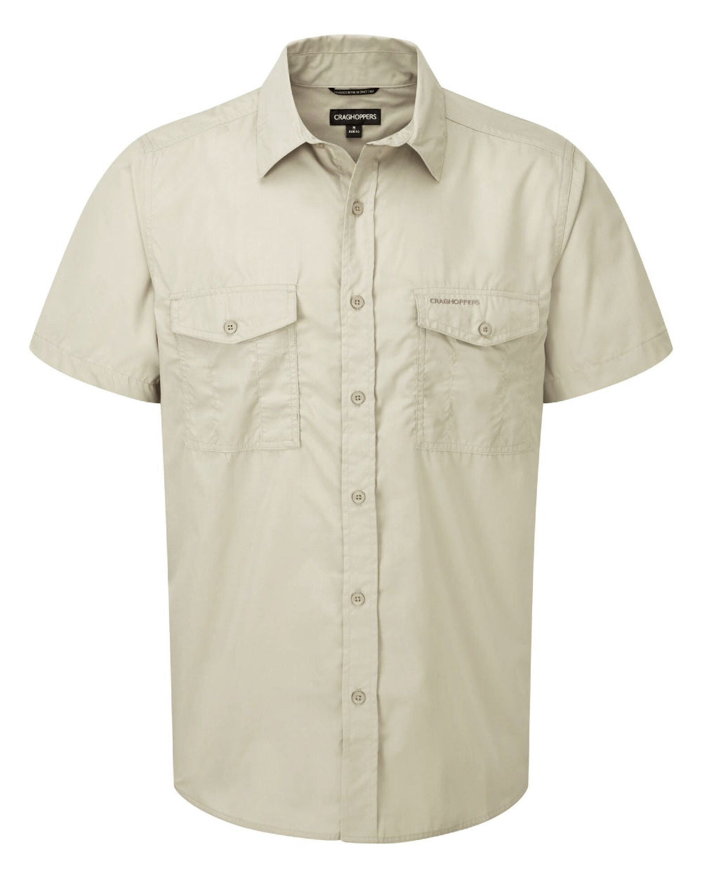 Oatmeal Coloured Craghoppers Mens Kiwi Short Sleeved Shirt On A White Background