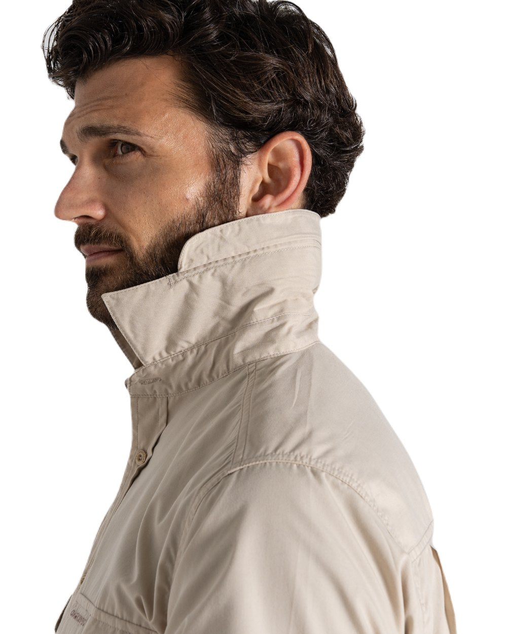 Oatmeal Coloured Craghoppers Mens Kiwi Short Sleeved Shirt On A White Background