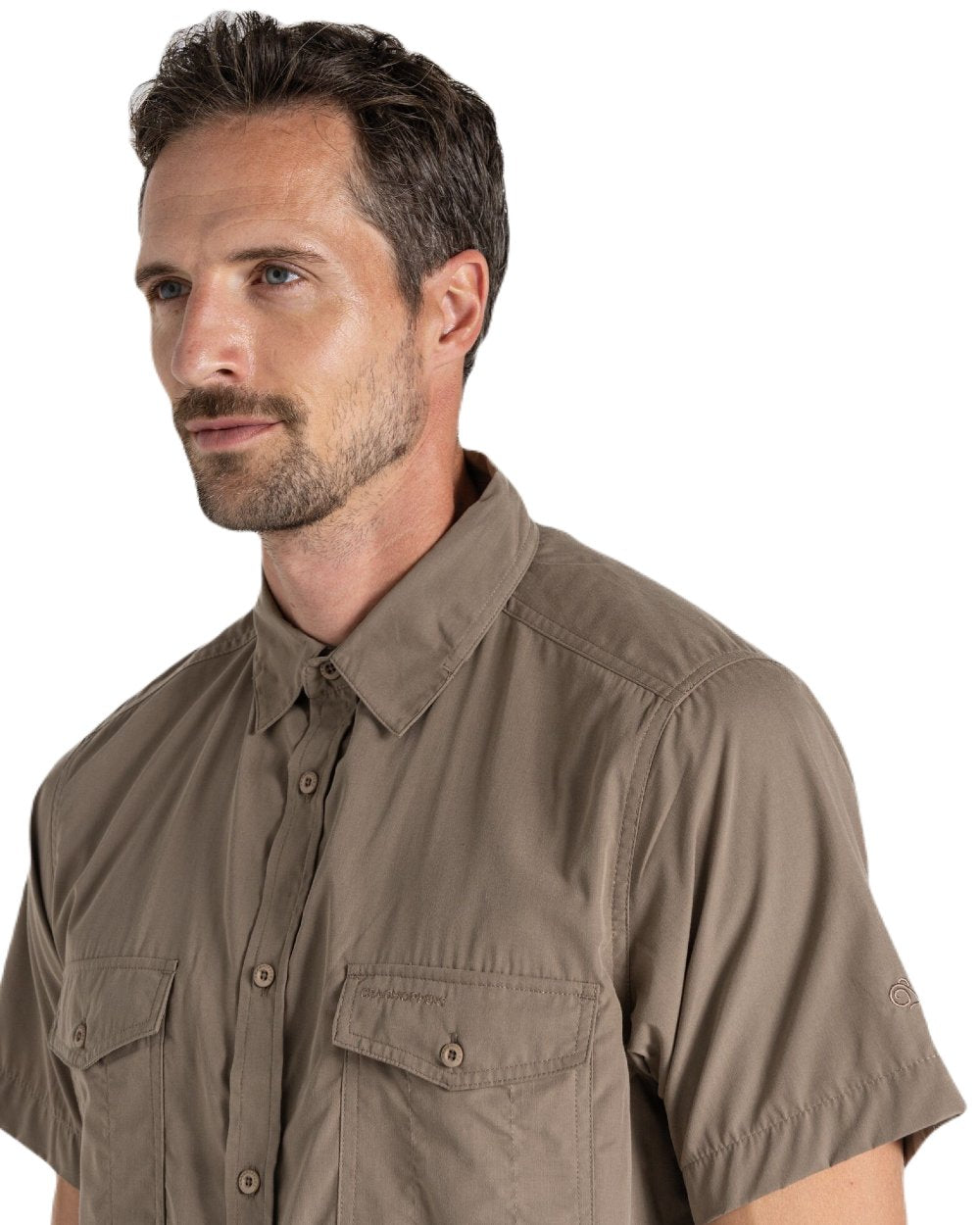 Pebble Coloured Craghoppers Mens Kiwi Short Sleeved Shirt On A White Background