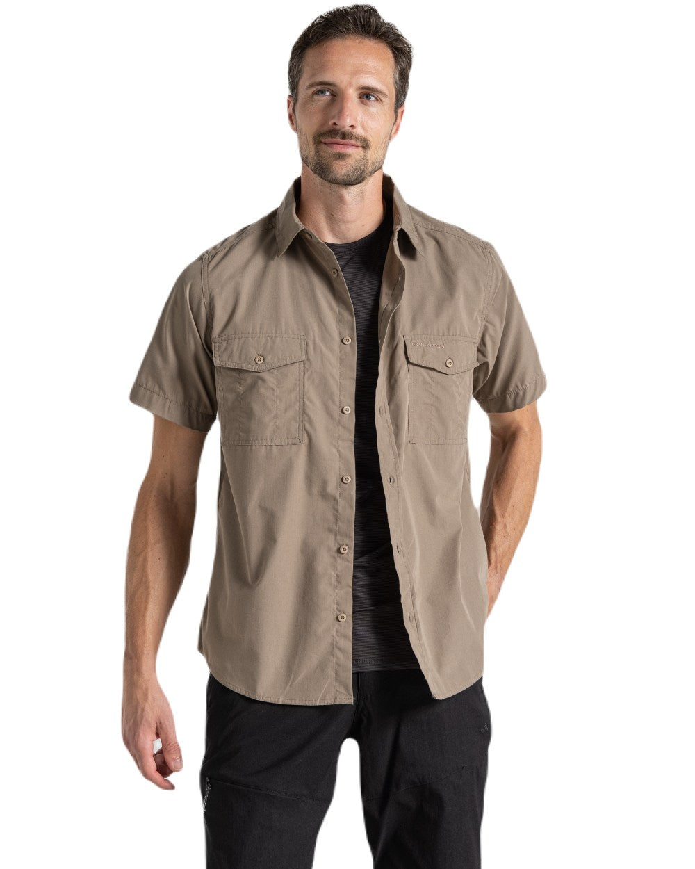 Pebble Coloured Craghoppers Mens Kiwi Short Sleeved Shirt On A White Background