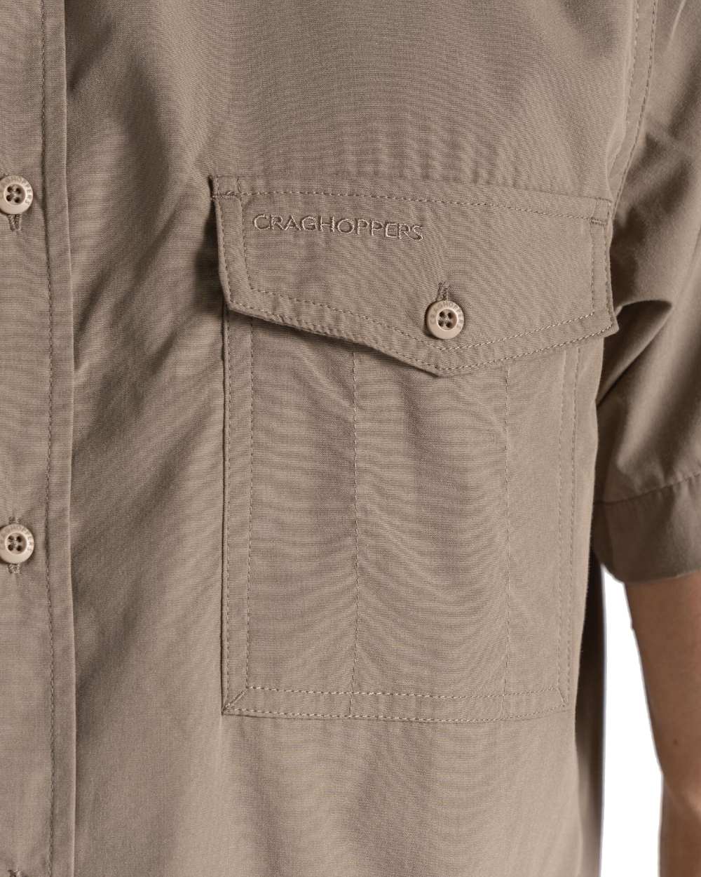 Pebble Coloured Craghoppers Mens Kiwi Short Sleeved Shirt On A White Background