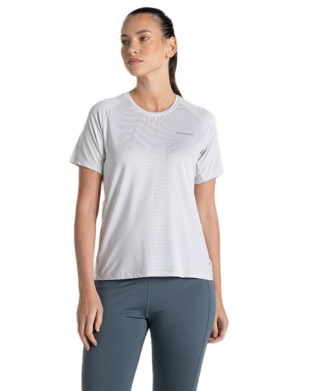 Lunar Grey Coloured Craghoppers Womens Ellie Short Sleeved T-Shirt on White Background