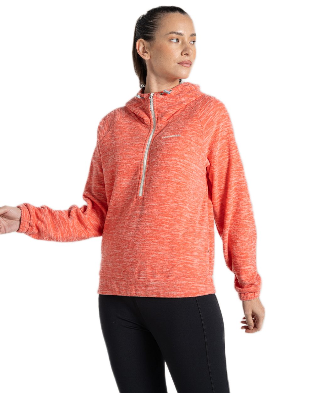 Deep Coral Coloured Craghoppers Womens Esk Hooded Half Zip Fleece on White Background