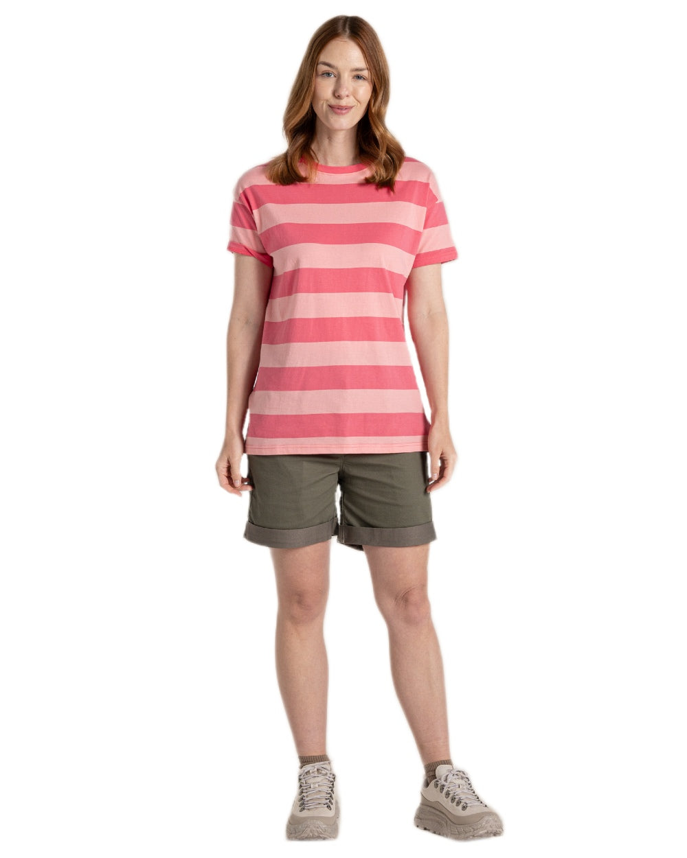 Coral Reef Stripe Coloured Craghoppers Womens Yago Short Sleeved Top on White Background