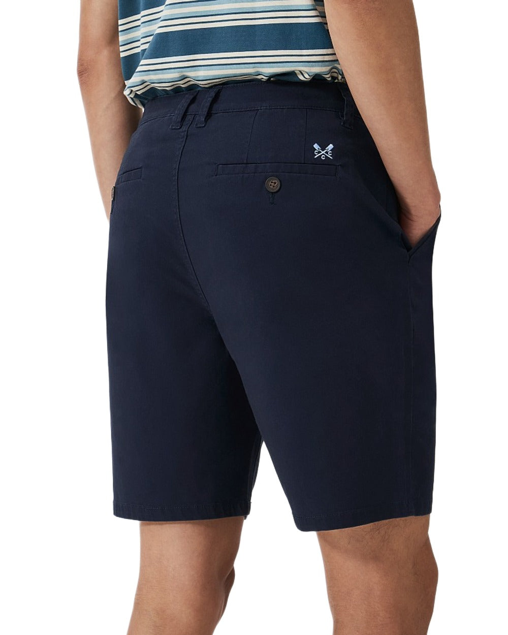 Heritage Dark Navy Coloured Crew Clothing Mens Bermuda Chino Stretch Shortson White Background