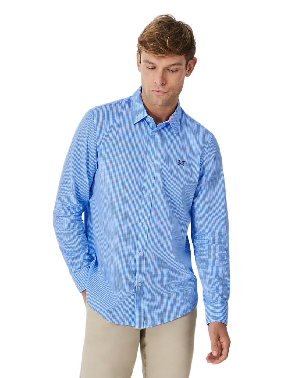Heritage Sky Coloured Crew Clothing Mens Classic Fit Micro Gingnam Shirt on White Background