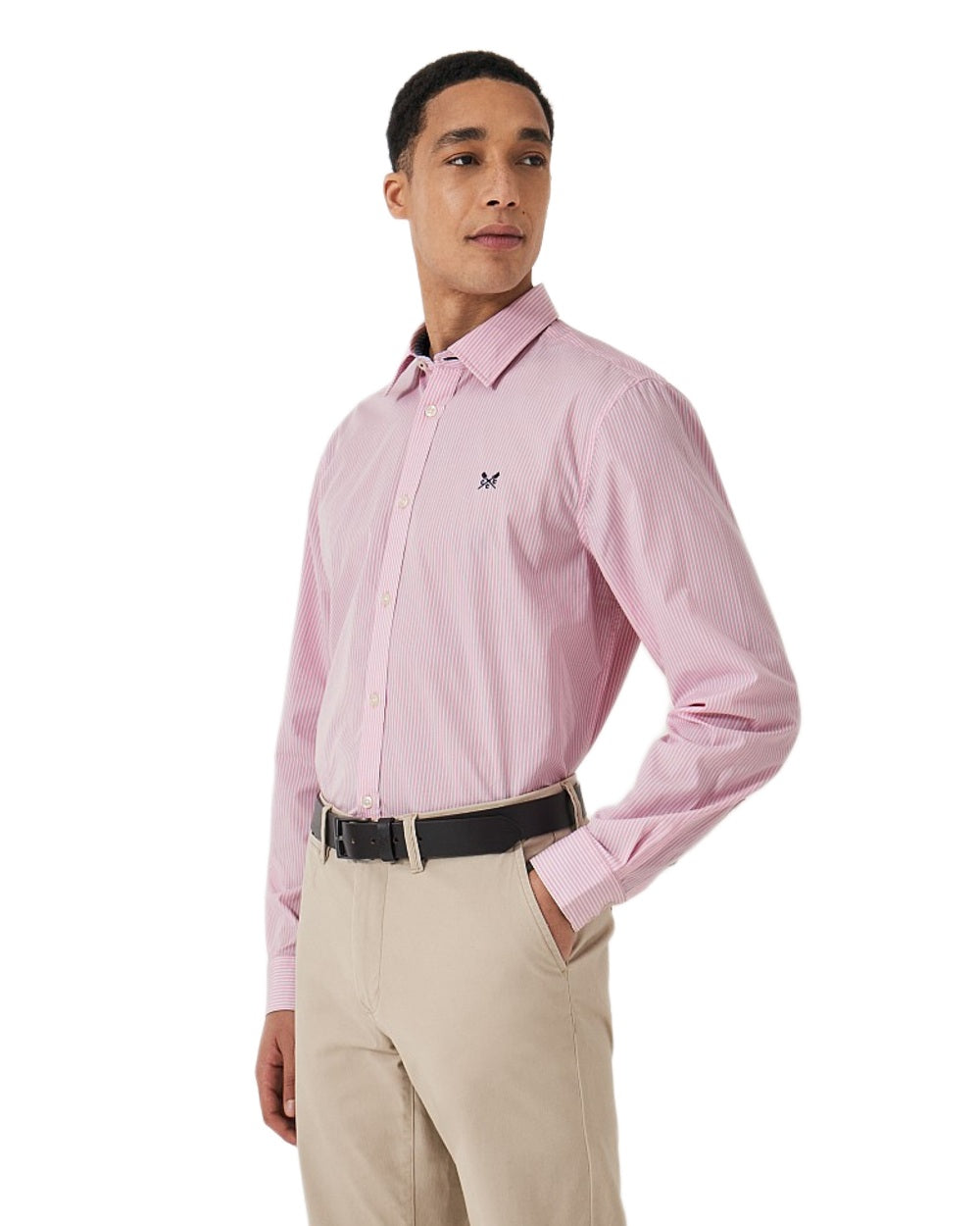Classic Pink Coloured Crew Clothing Mens Micro Classic Fit Cotton Shirt on White Background