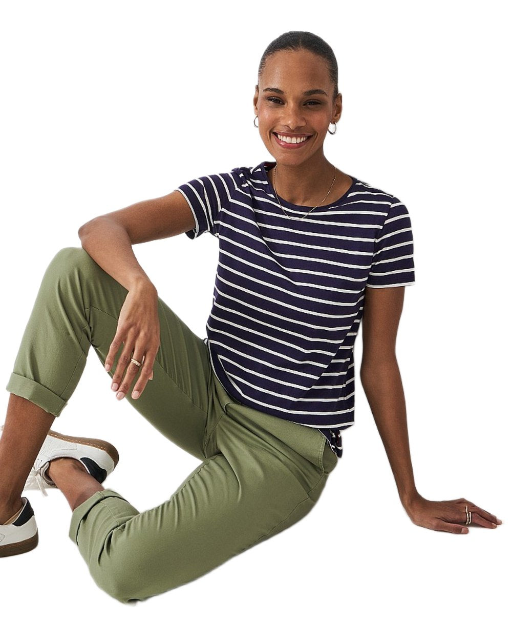 Navy White Coloured Crew Clothing Womens Breton T-Shirt on White Background