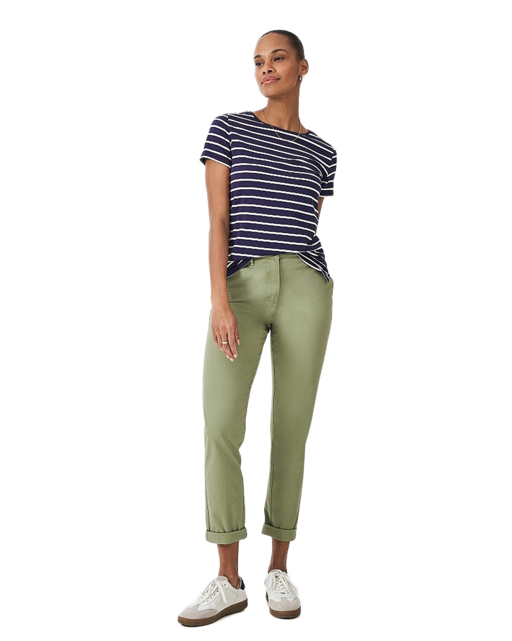 Navy White Coloured Crew Clothing Womens Breton T-Shirt on White Background