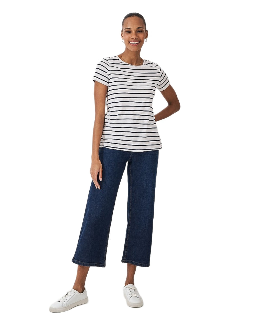 White Navy Coloured Crew Clothing Womens Breton T-Shirt on White Background