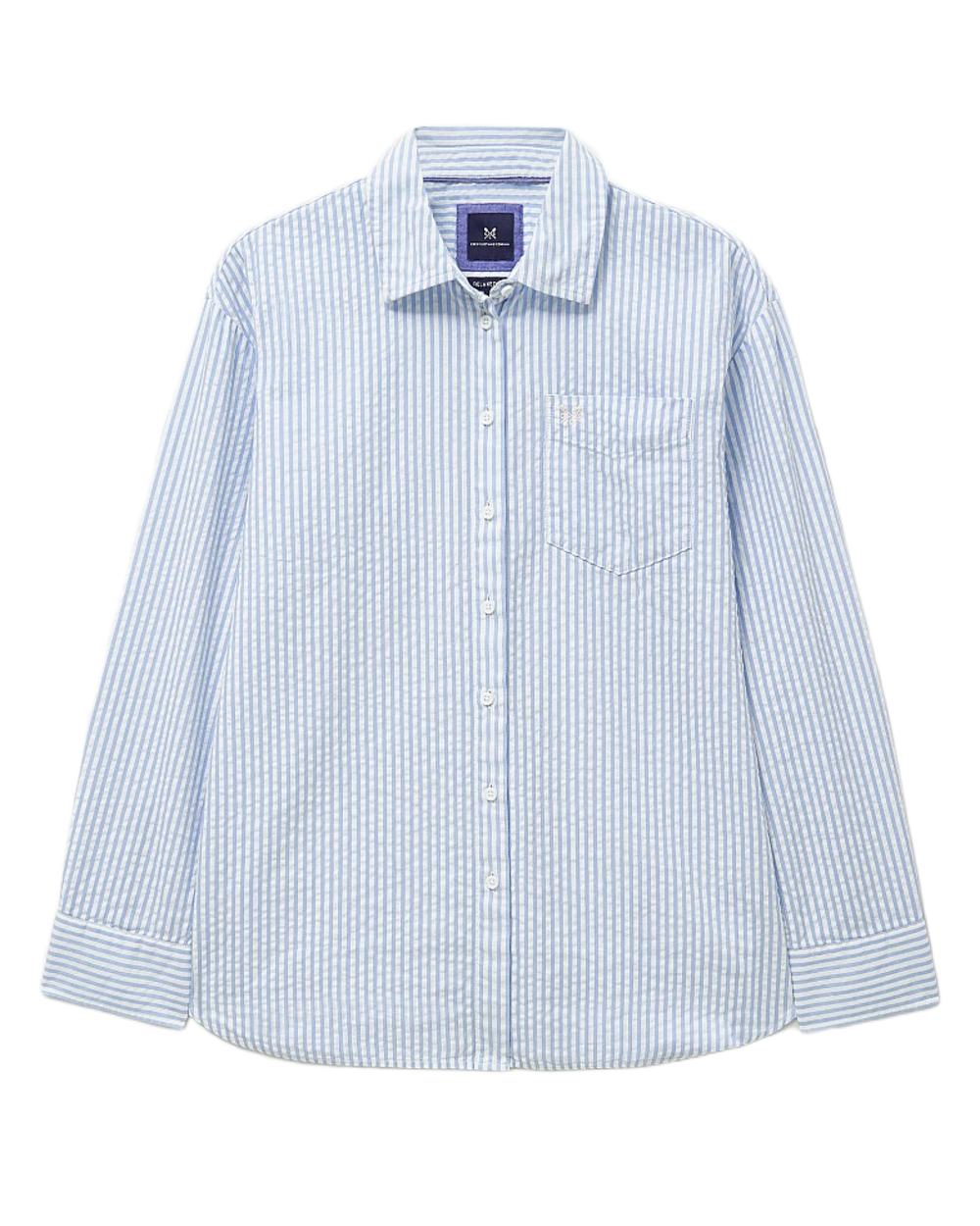 Blue Coloured Crew Clothing Womens Seersucker Relaxed Fit Shirt on White Background