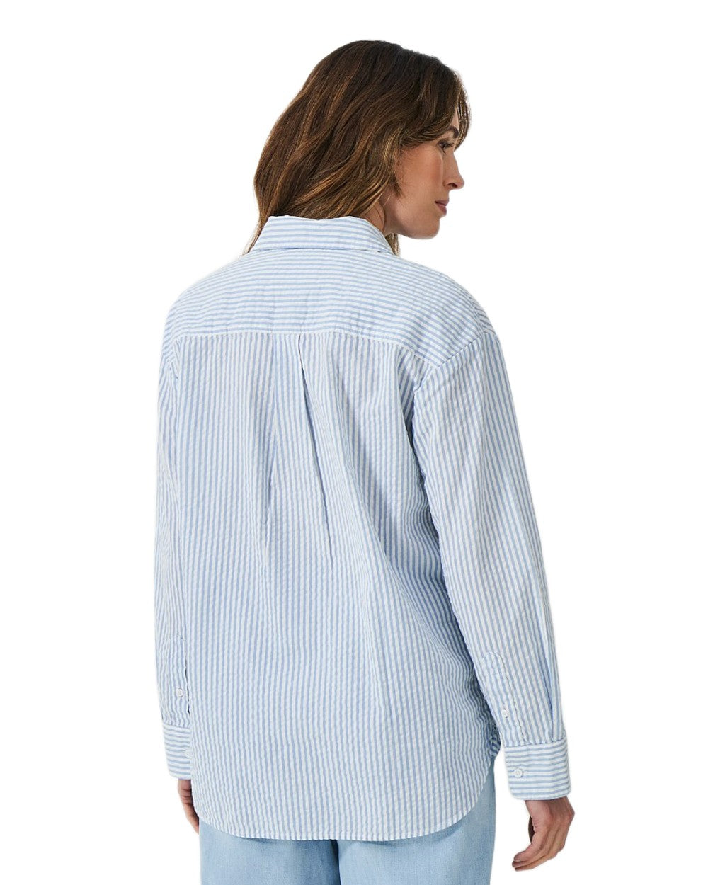 Blue Coloured Crew Clothing Womens Seersucker Relaxed Fit Shirt on White Background