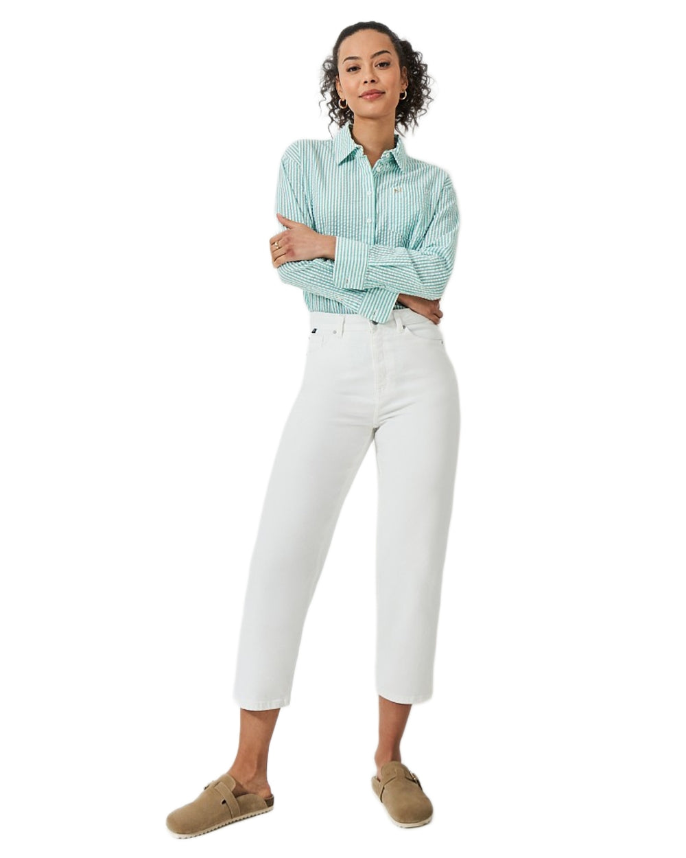 Teal Coloured Crew Clothing Womens Seersucker Relaxed Fit Shirt on White Background