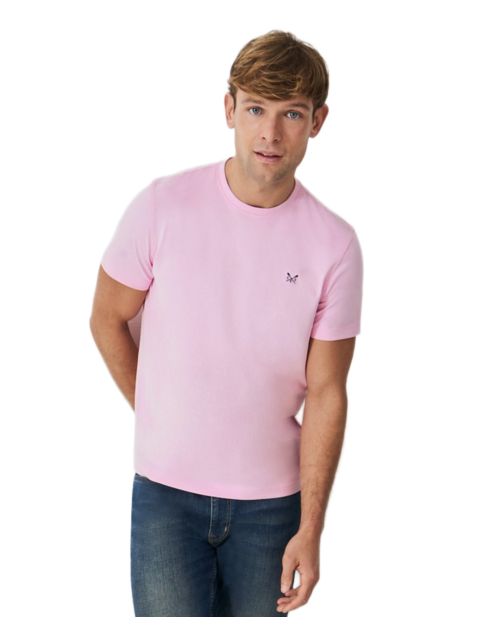 Classic Pink Coloured Crew Mens Classic T-Shirt on White Background