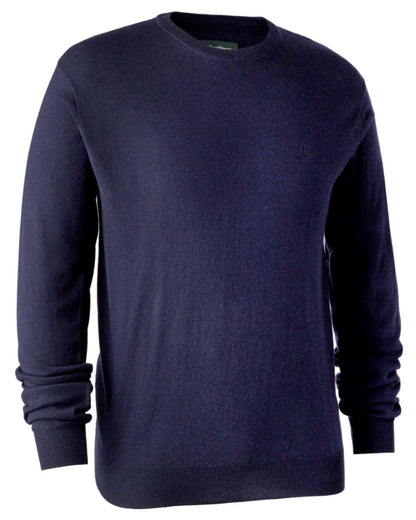 Dark Blue Coloured Deerhunter Kingston Knit O-Neck Jumper | Clearance Colours On A White Background 