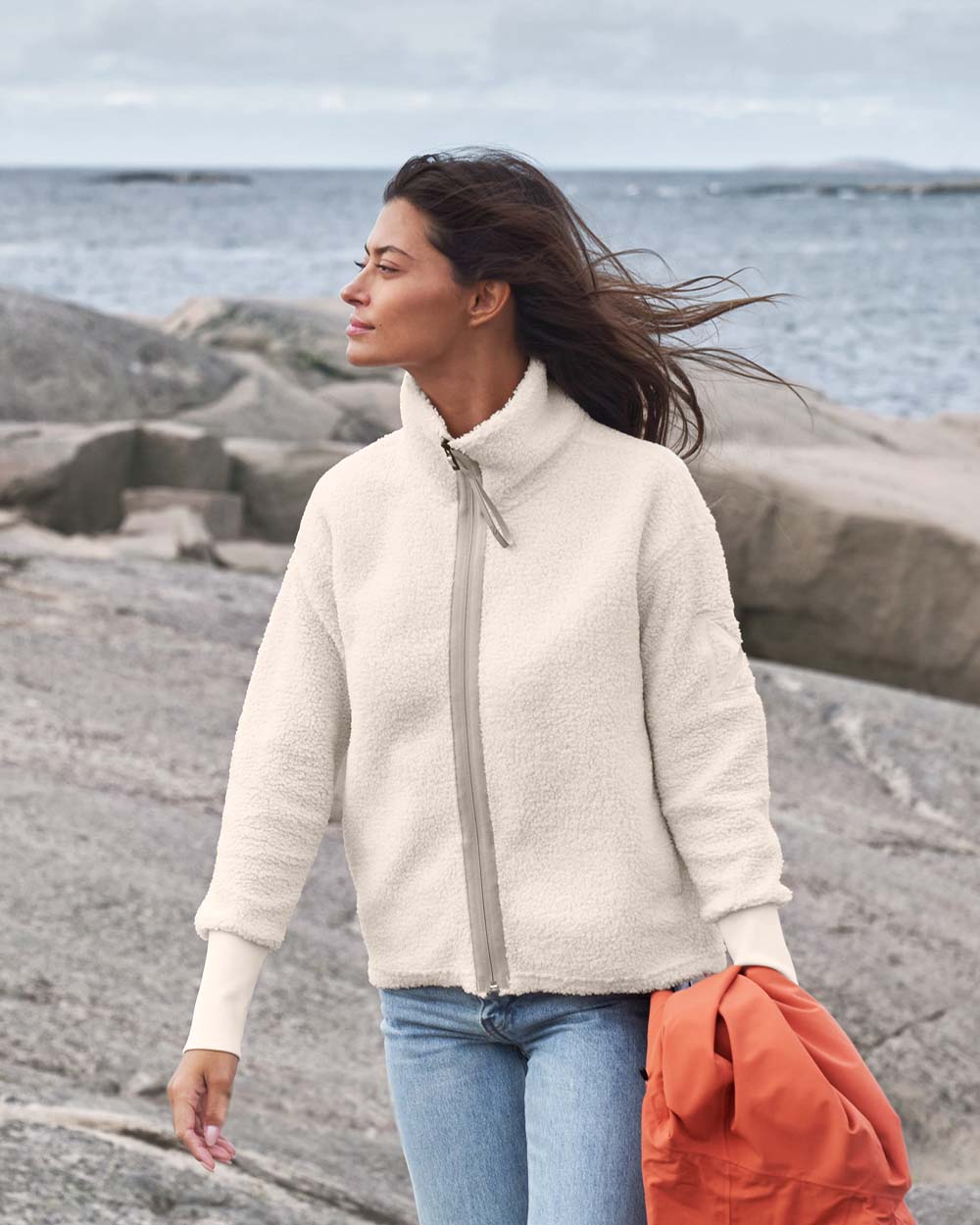 White coloured Didriksons Full-Zip Fleece Jacket on Beach background