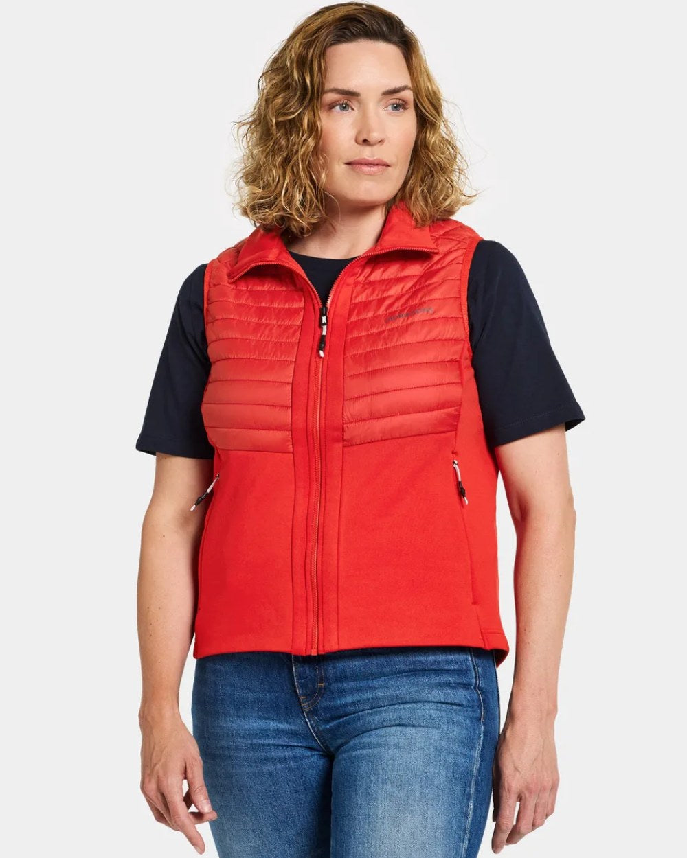 Lava Red Coloured Didriksons Annema Womens Vest On A Grey Background 