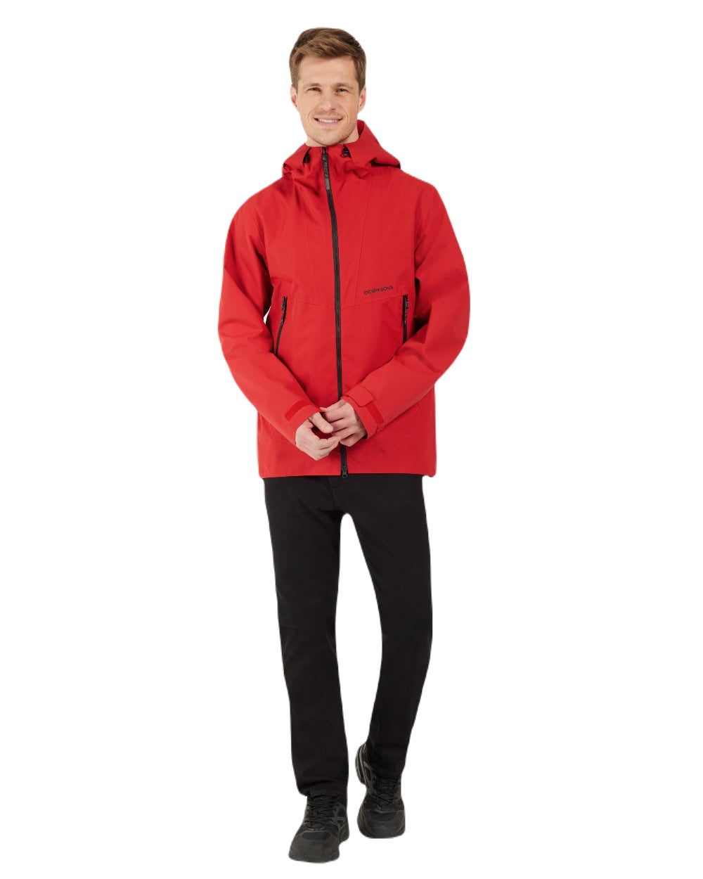 Pomme Red Coloured Didriksons Basil Unisex Waterproof Jacket 4 on Beach Background