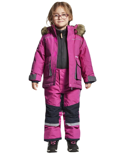 Plastic Pink Coloured Didriksons Bjornen Childrens Parka On A White Background 