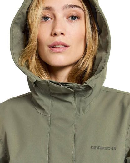 Dusty Olive Coloured Didriksons Edith Parka On A White Background 