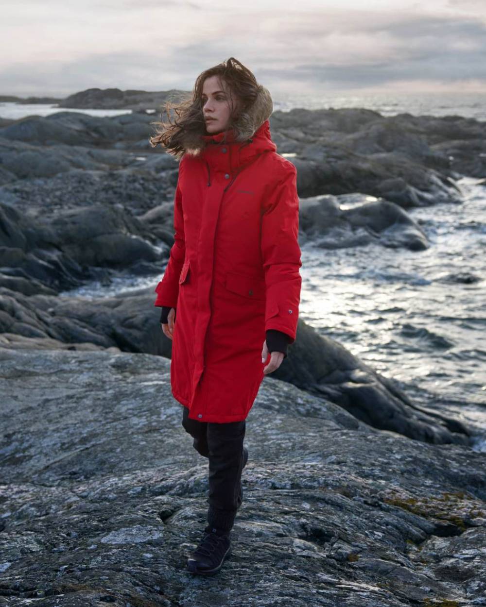 Pomme Red Coloured Didriksons Erika Ladies Padded Waterproof Parka 3 On A Coastal Background