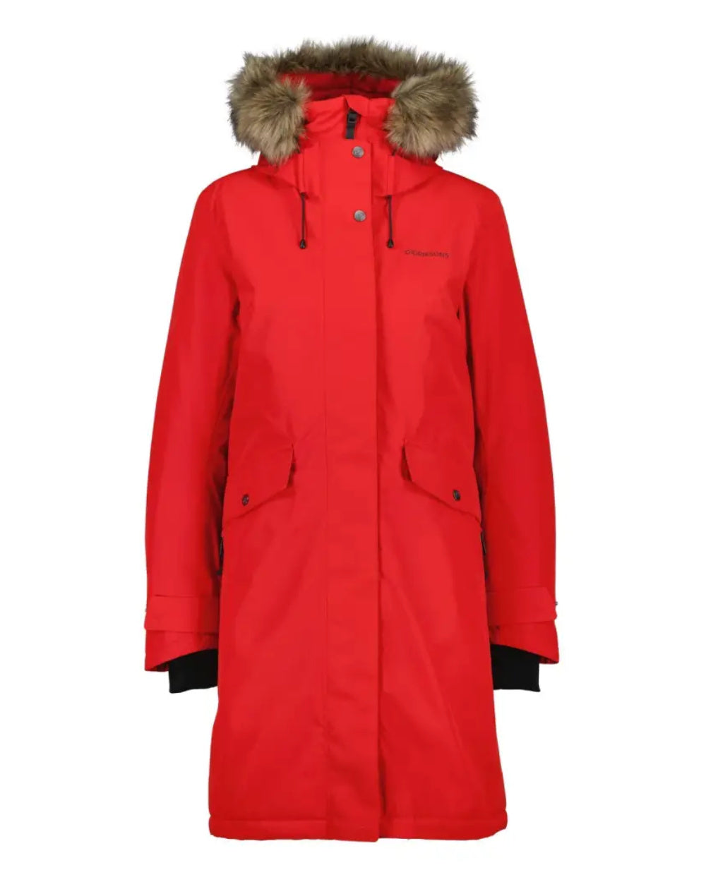 Pomme Red Coloured Didriksons Erika Ladies Padded Waterproof Parka 3 On A White Background