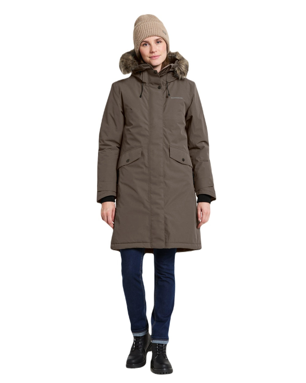 Mocha Brown Coloured Didriksons Erika Ladies Waterproof Parka 3 on White Background