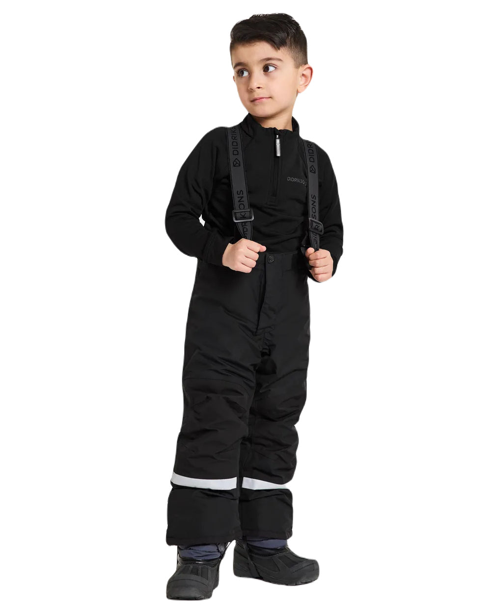 Black Coloured Didriksons Idre Childrens Pants On A White Background