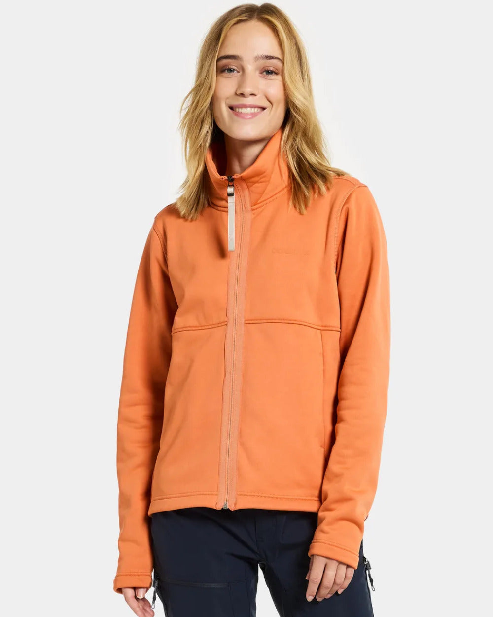 Faded Brique Coloured Didriksons Leah Womens Fullzip On A Grey Background 