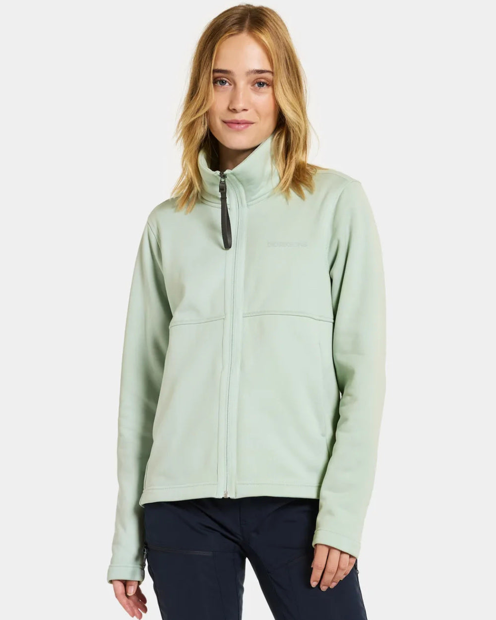 Pale Mint Coloured Didriksons Leah Womens Fullzip On A Grey Background 