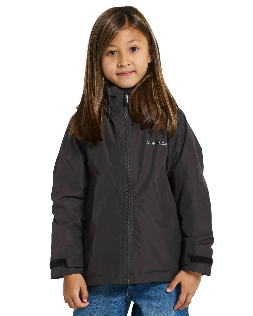 Black Coloured Didriksons Tera Childrens Jacket On A White Background 