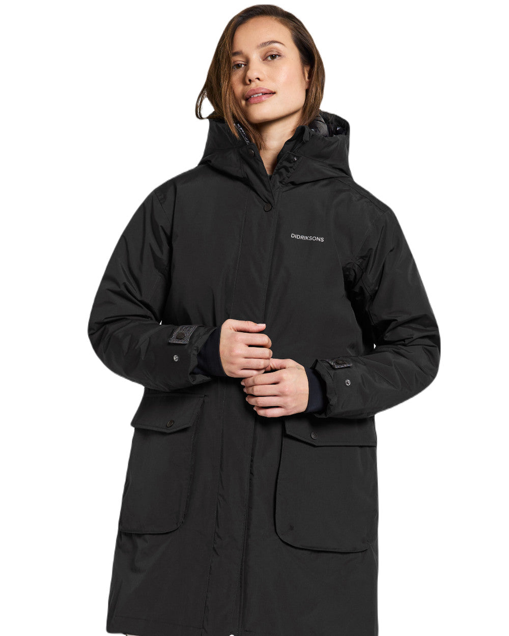 Black Coloured Didriksons Womens Ilsa Parka On A White Background