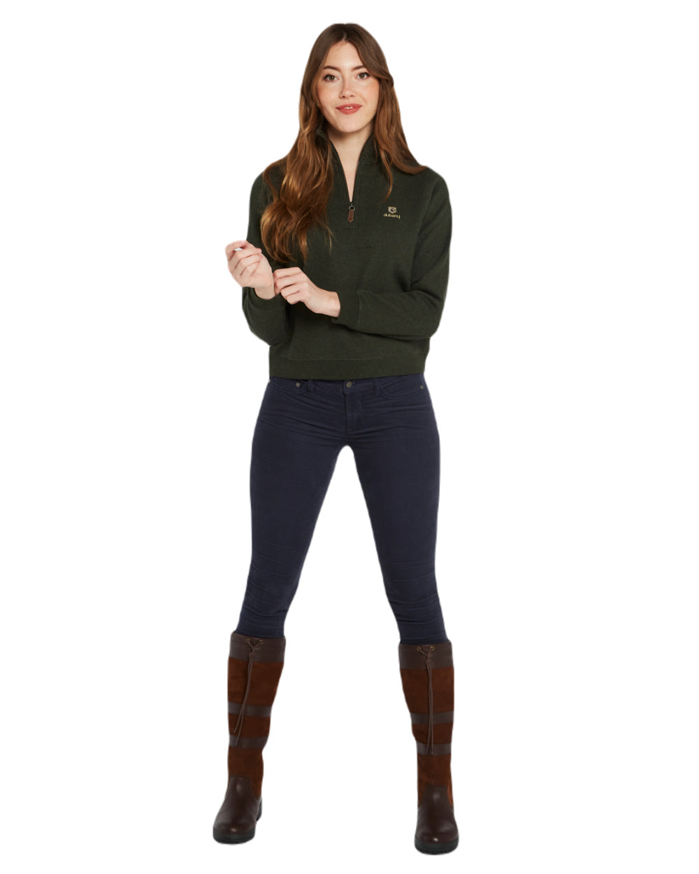 Olive Coloured Dubarry Womens Castlemartyr Quarter Zip Sweatshirt On A White Background