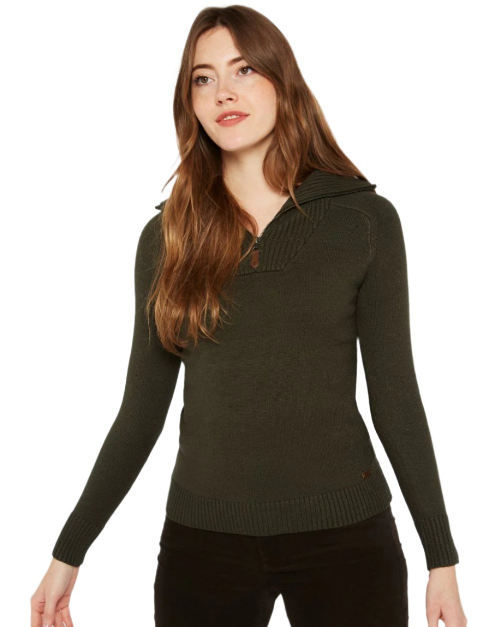 Olive Coloured Dubarry Womens Rosmead Sweater On A White Background