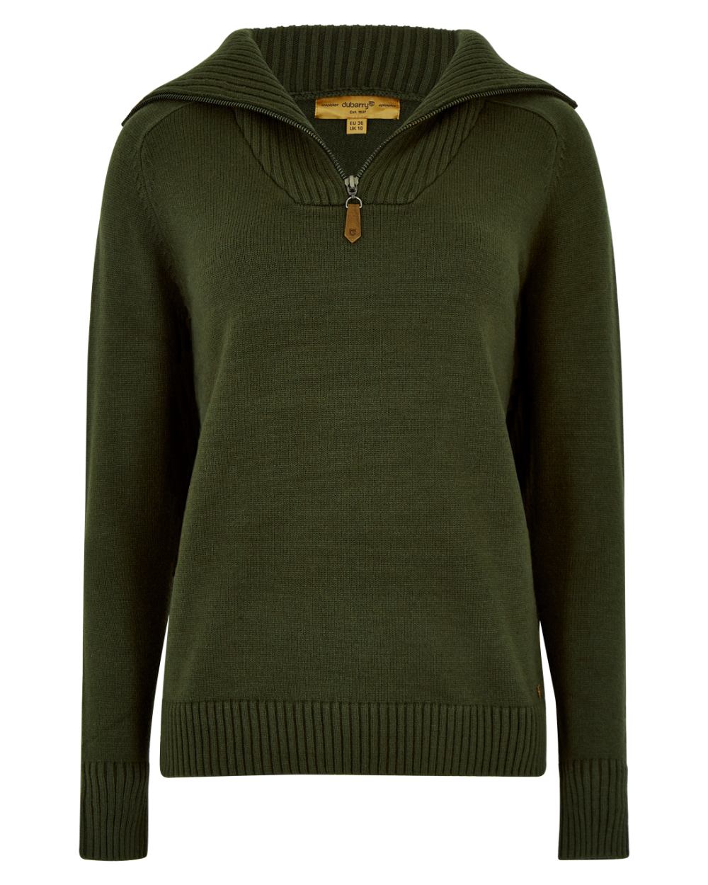 Olive Coloured Dubarry Womens Rosmead Sweater On A White Background