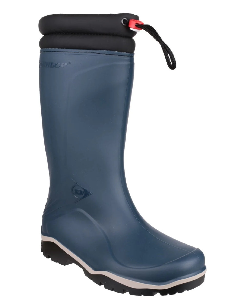 Blue/Black coloured Dunlop Blizzard Wellingtons on white background