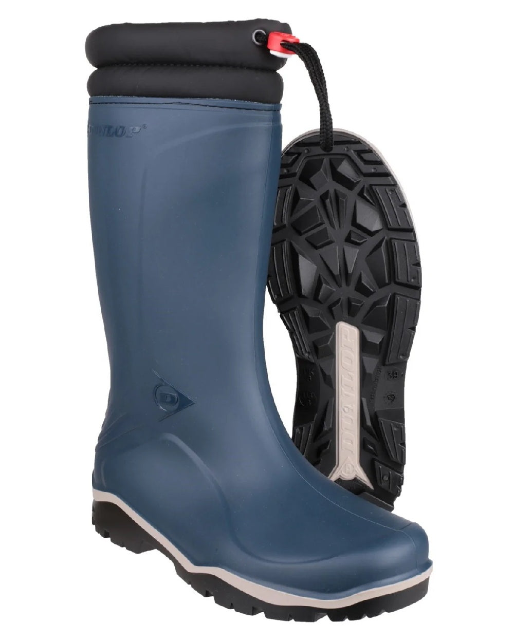 Blue/Black coloured Dunlop Blizzard Wellingtons on white background