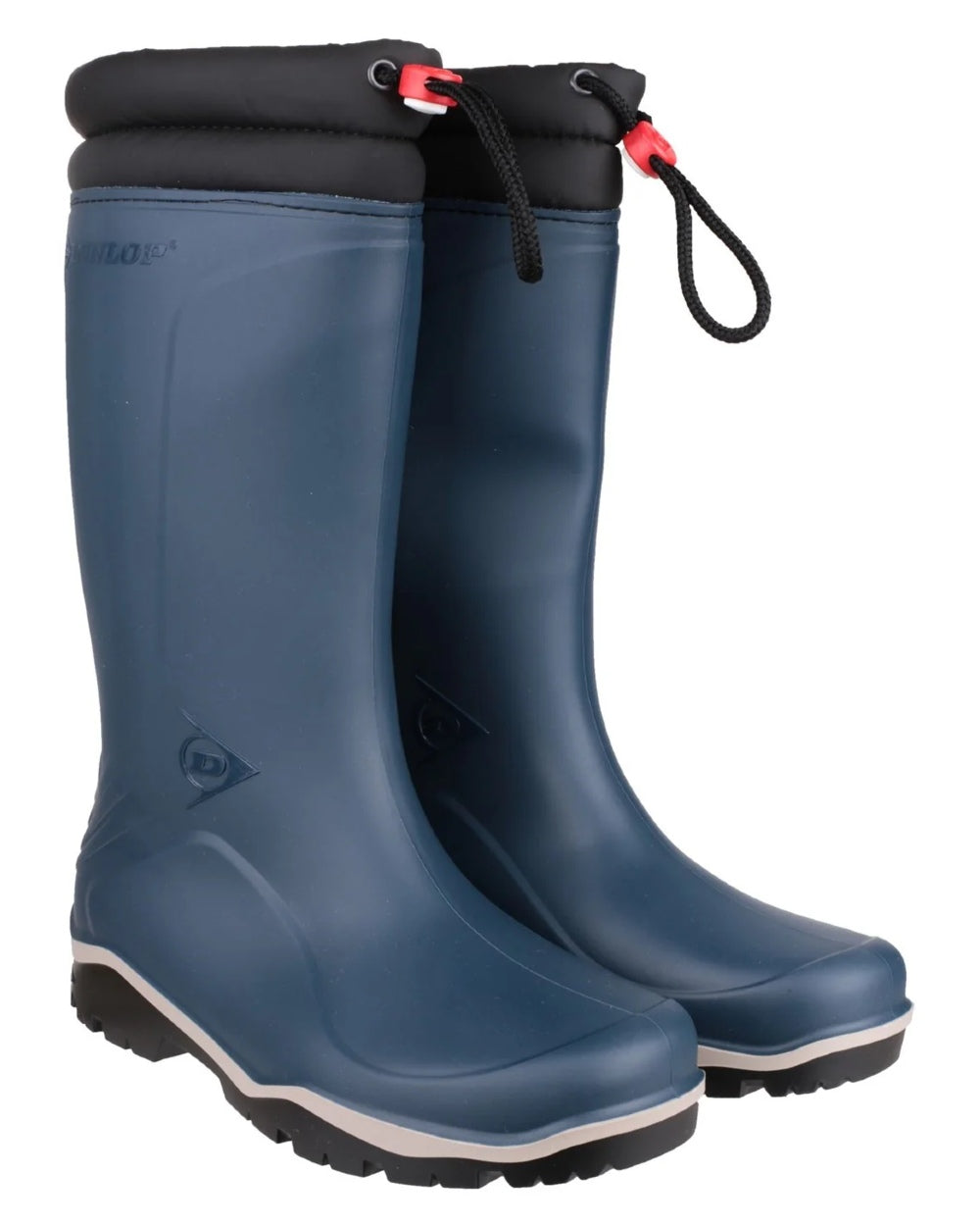 Blue/Black coloured Dunlop Blizzard Wellingtons on white background